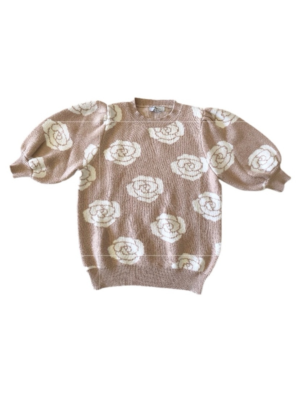 Polagram Beige Rose-Print Puff-Sleeve Crewneck Sweater Size S